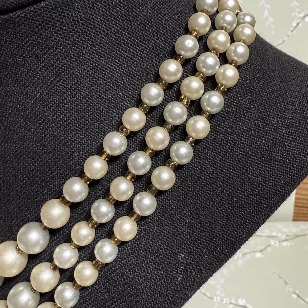 VTG Necklace Multi-Strand Signed JAPAN Gold Tone Faux Pearl Shepherd Hook Estate - Picture 3 of 12